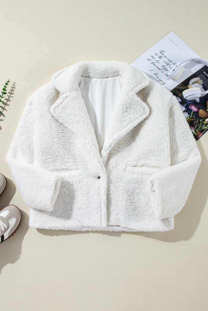 Beige Faux Fur Button Pocketed Lapel Collar Jacket 🇺🇲