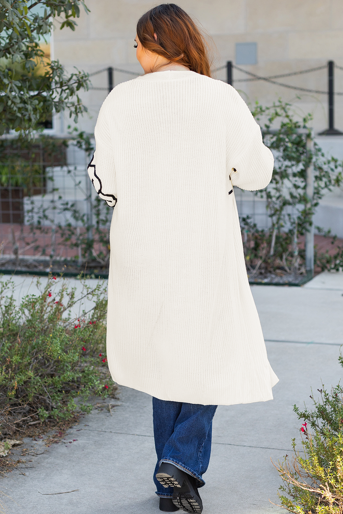 Beige Flower Embroidered Drop Shoulder Open Front Duster Cardigan 🇨🇳