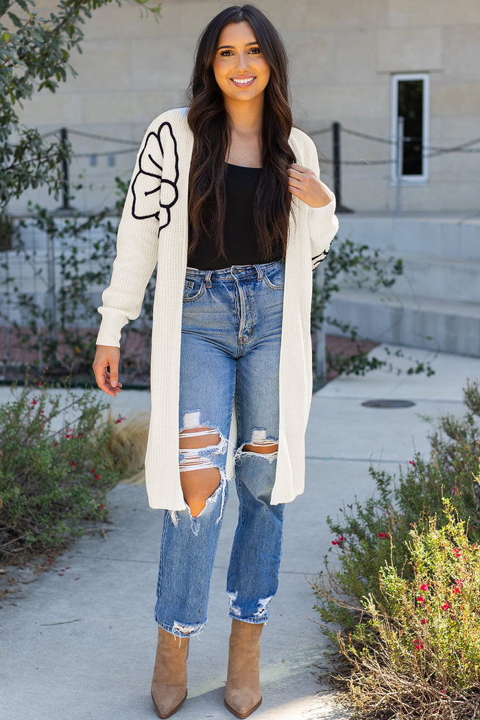 Beige Flower Embroidered Drop Shoulder Open Front Duster Cardigan 🇨🇳