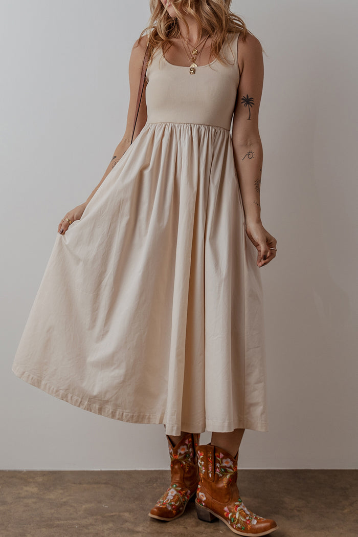 Beige Scoop Neck Ribbed Bodice Pleated Sleeveless Long Dress 🇨🇳