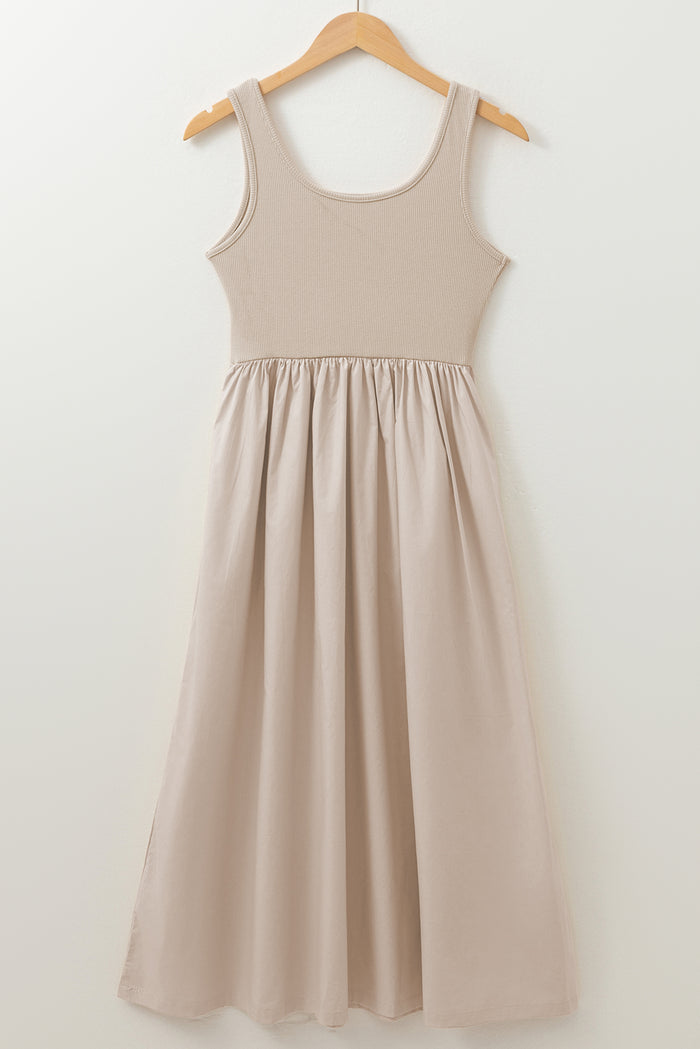 Beige Scoop Neck Ribbed Bodice Pleated Sleeveless Long Dress 🇨🇳