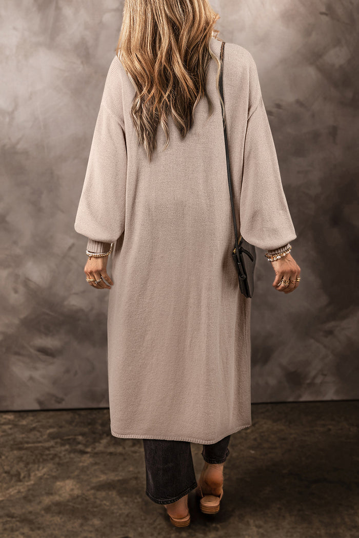 Beige Side Pockets Open Front Long Knitted Cardigan 🇨🇳