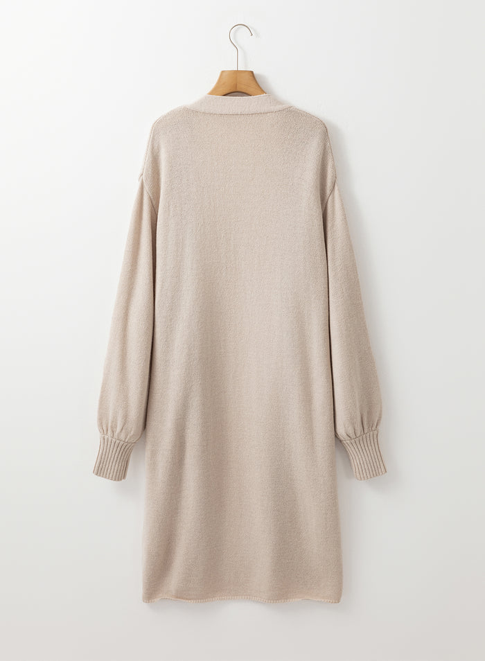 Beige Side Pockets Open Front Long Knitted Cardigan 🇨🇳