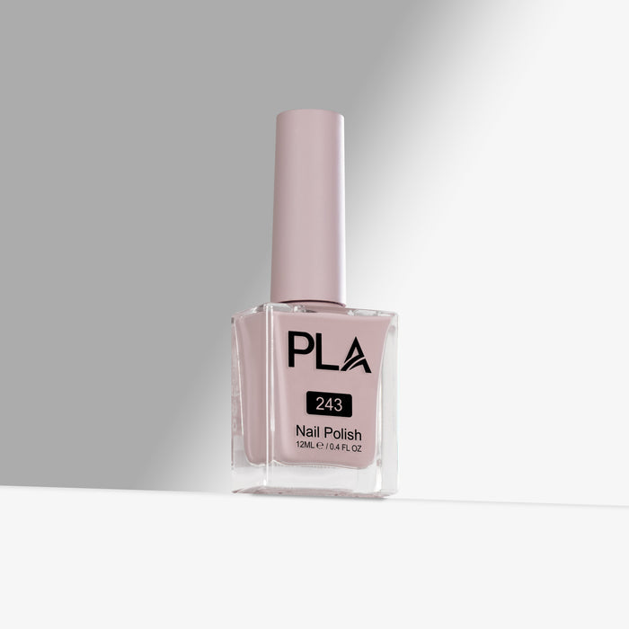 Nail polish bottle with 'PLA' branding on a gray background