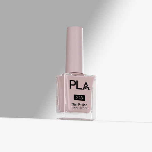Nail polish bottle with 'PLA' branding on a gray background