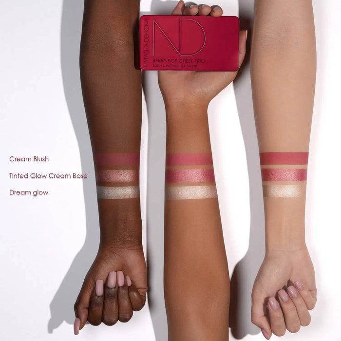 Berry Pop Cheek Trio arm swatches on different skin tones.