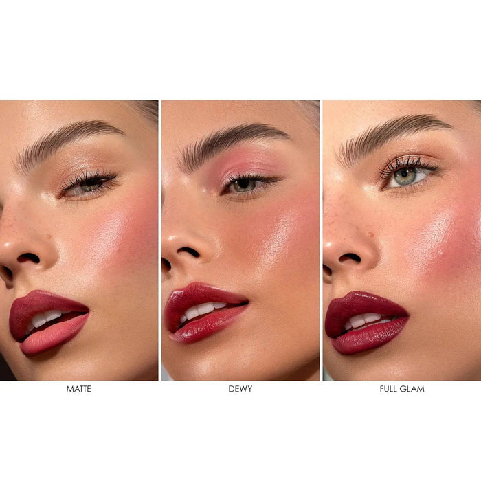 A three-panel demonstration of the Berry Pop Collection showing different finishes on a model. Each look utilizes a Lip Crayon, Lipstick, and Cheek Trio to create three distinct effects: Matte (soft berry tones with a velvety finish), Dewy (sheer, high-shine berry hues), and Full Glam (intense, saturated color and radiant skin).