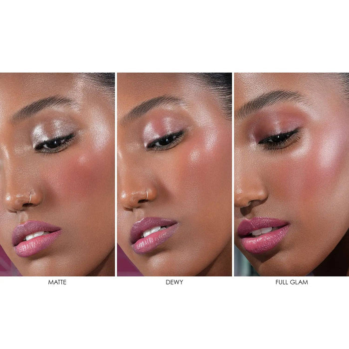 A three-panel demonstration of the Berry Pop Collection showing different finishes on a model. Each look utilizes a Lip Crayon, Lipstick, and Cheek Trio to create three distinct effects: Matte (soft berry tones with a velvety finish), Dewy (sheer, high-shine berry hues), and Full Glam (intense, saturated color and radiant skin).