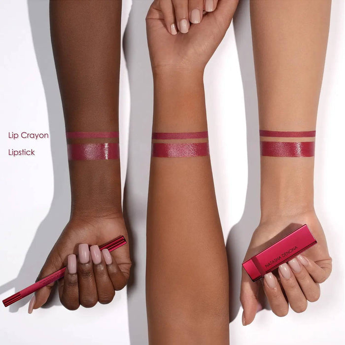 Berry Pop Lip Crayon and Lipstick arm swatches on different skin tones.