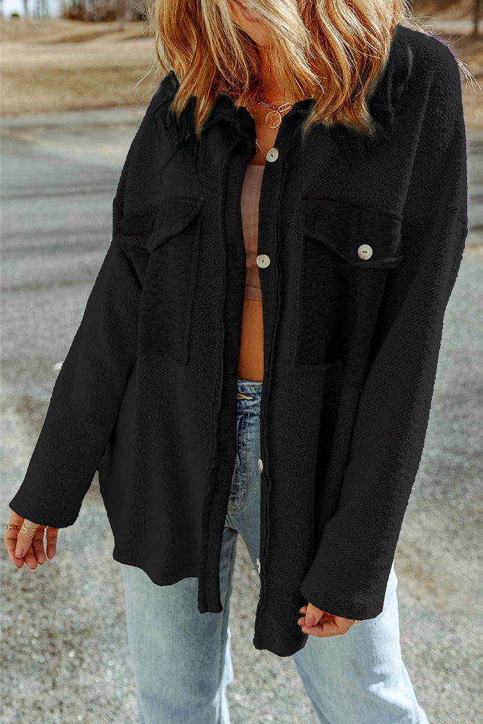 Black Contrast Flap Pockets Relaxed Shacket 🇺🇸