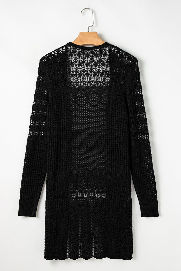 Black Crochet Hollow Out Open Front Cardigan 🇨🇳