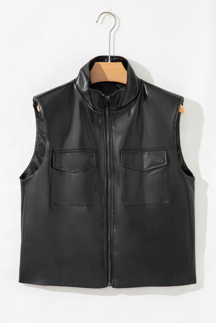 Black Double Flap Pocket Faux Leather Zip Up Stand Neck Vest 🇺🇸