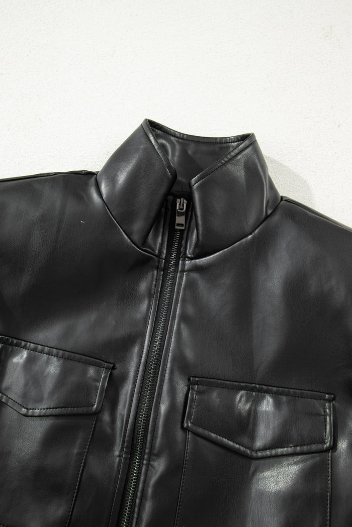 Black Double Flap Pocket Faux Leather Zip Up Stand Neck Vest 🇺🇸