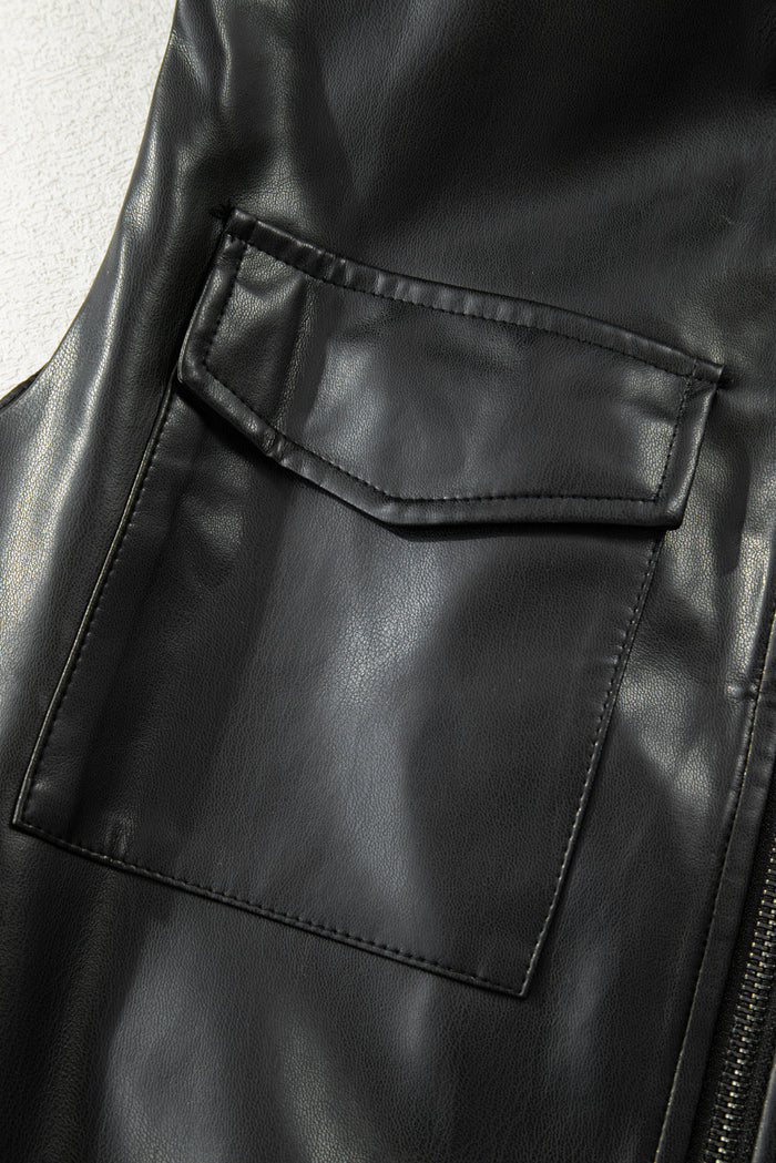 Black Double Flap Pocket Faux Leather Zip Up Stand Neck Vest 🇺🇸