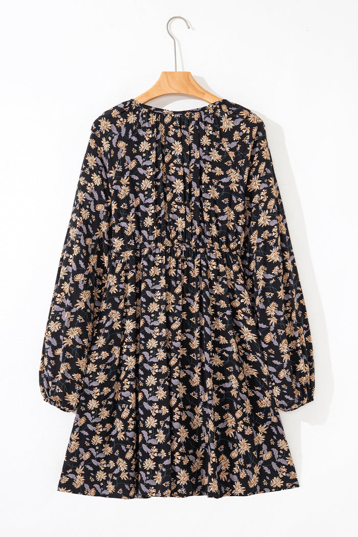 Black Floral Deep V Neck Smocked Bust Bubble Sleeve Babydoll Dress 🇺🇸