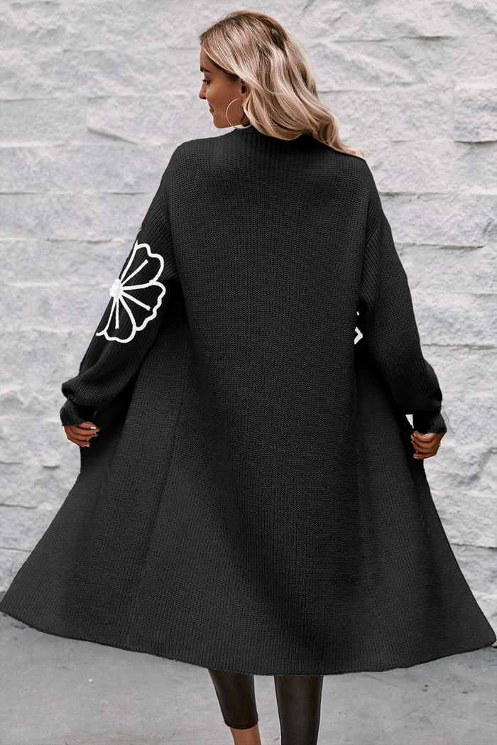 Black Flower Embroidered Drop Shoulder Open Front Duster Cardigan 🇨🇳