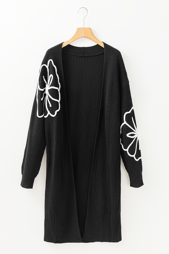 Black Flower Embroidered Drop Shoulder Open Front Duster Cardigan 🇨🇳