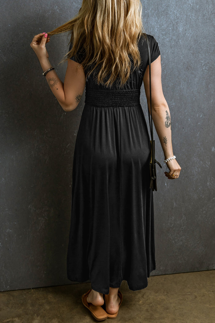 Black Short Sleeve Shirred High Waist V Neck Maxi Dress 🇨🇳