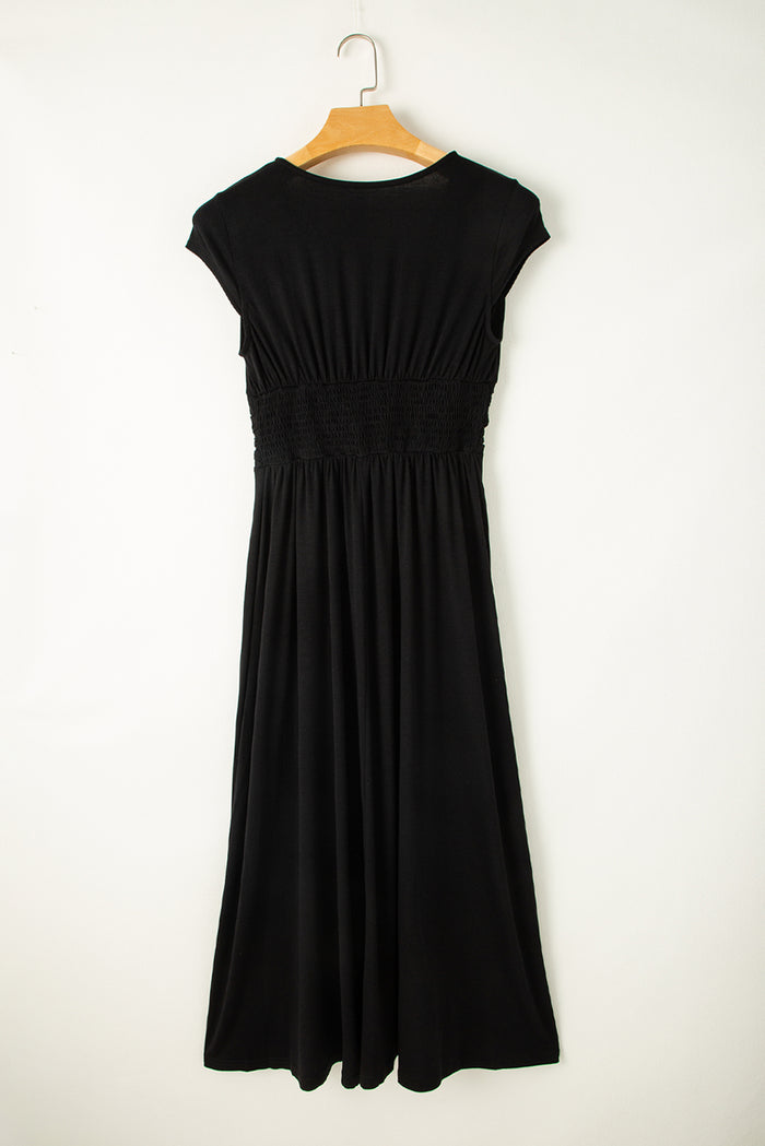 Black Short Sleeve Shirred High Waist V Neck Maxi Dress 🇨🇳