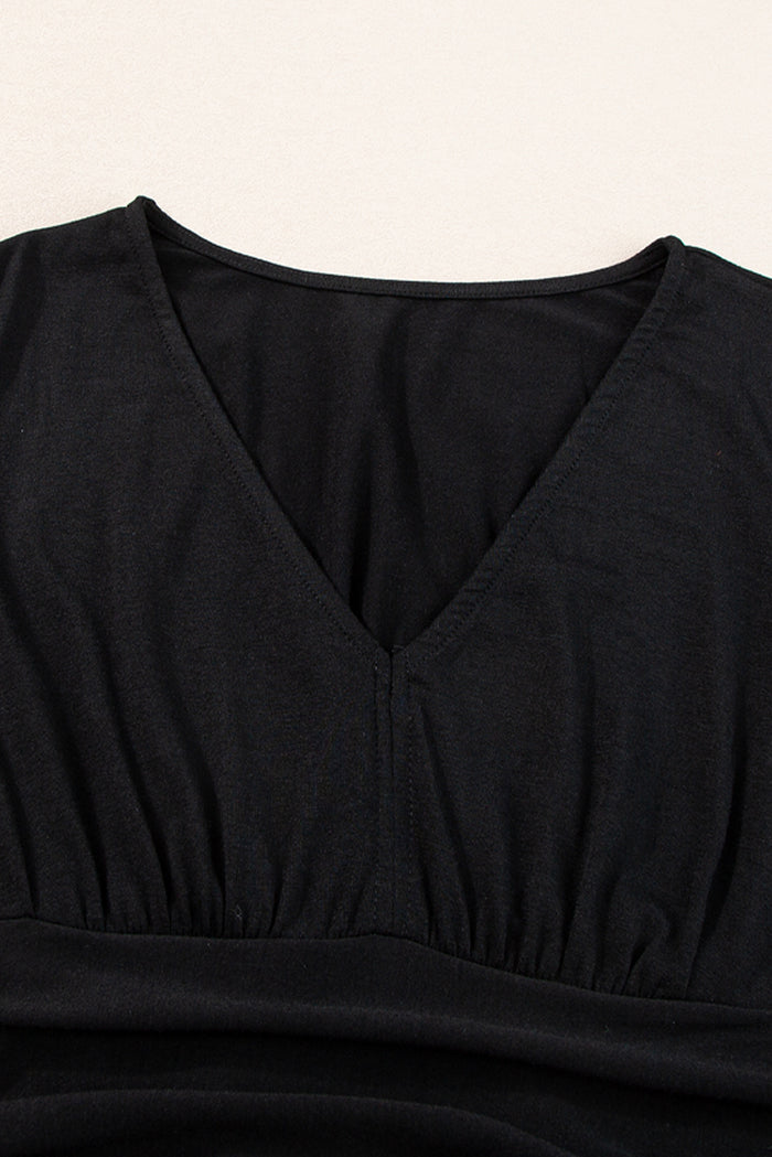 Black Short Sleeve Shirred High Waist V Neck Maxi Dress 🇨🇳