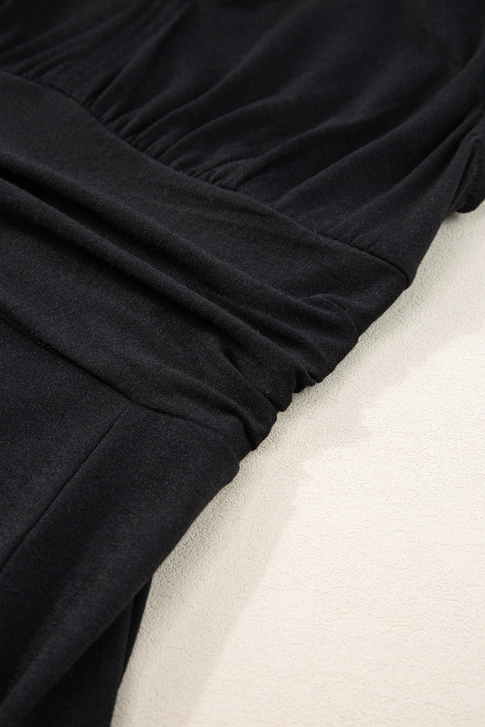 Black Short Sleeve Shirred High Waist V Neck Maxi Dress 🇨🇳