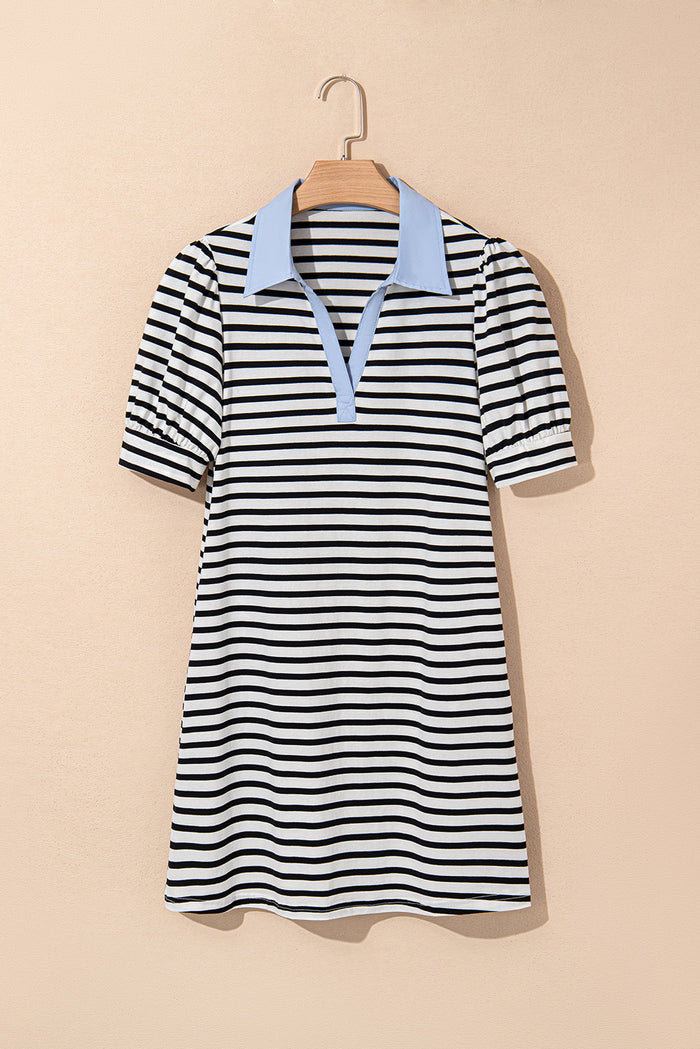 Black Stripe Contrast V Neck Collared Puff Sleeve T Shirt Mini Dress with Pockets 🇨🇳