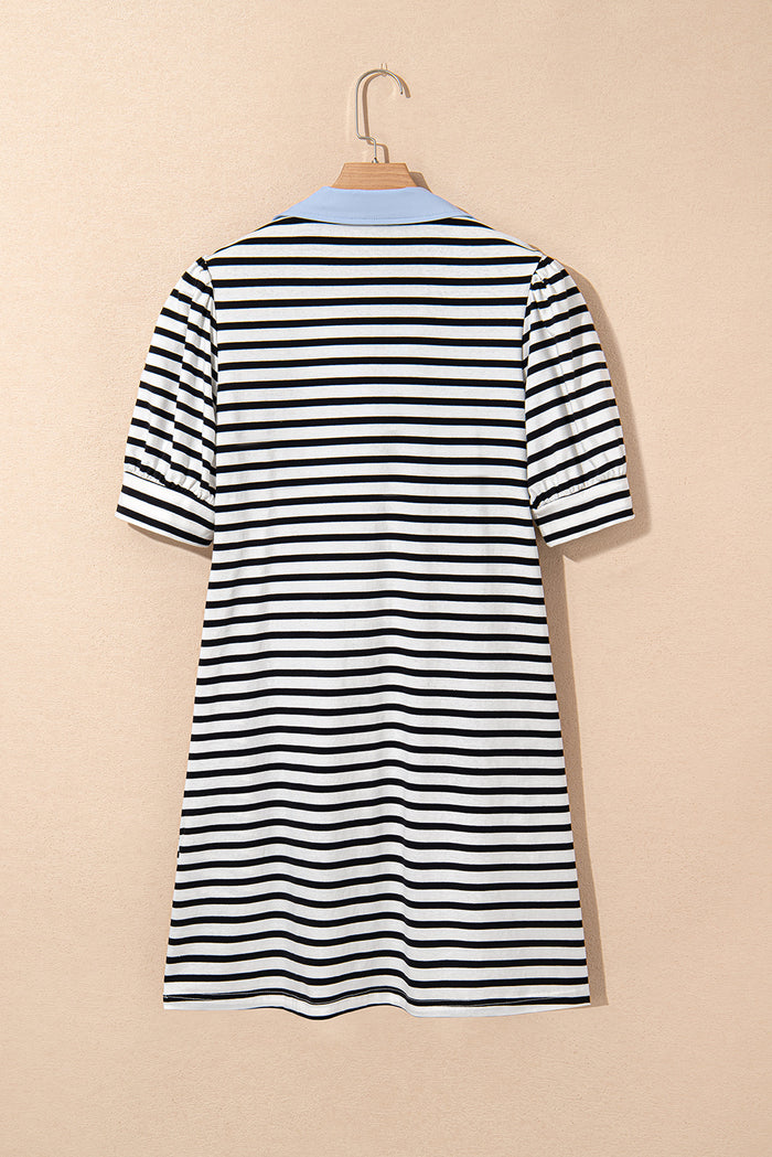 Black Stripe Contrast V Neck Collared Puff Sleeve T Shirt Mini Dress with Pockets 🇨🇳