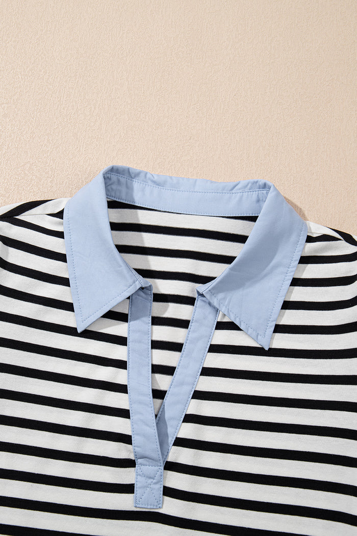 Black Stripe Contrast V Neck Collared Puff Sleeve T Shirt Mini Dress with Pockets 🇨🇳