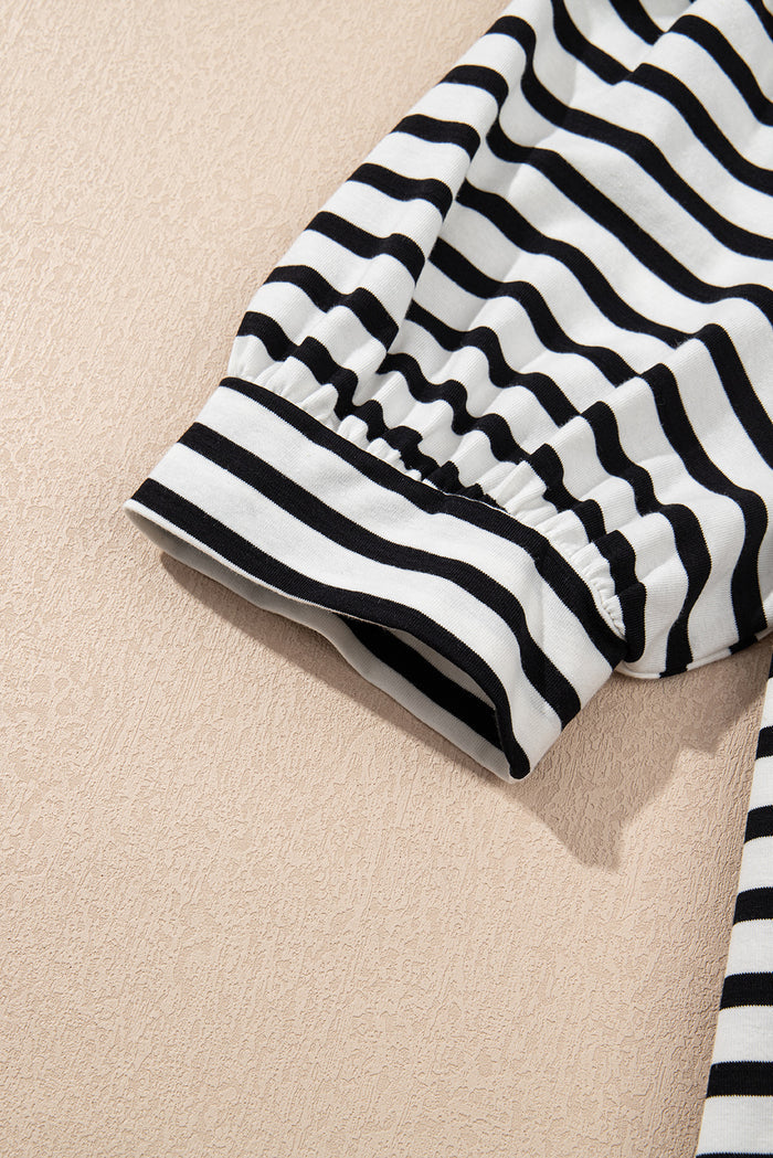 Black Stripe Contrast V Neck Collared Puff Sleeve T Shirt Mini Dress with Pockets 🇨🇳
