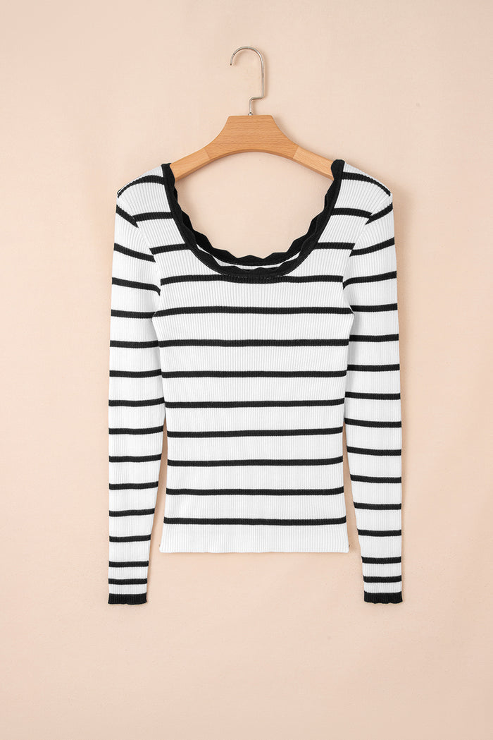 Black white Scalloped Trim U Neck Striped Ribbed Slim Sweater 🇺🇸