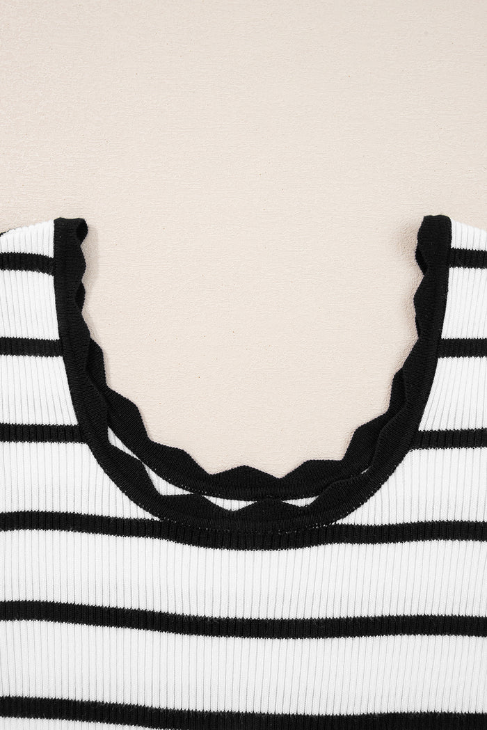 Black white Scalloped Trim U Neck Striped Ribbed Slim Sweater 🇺🇸