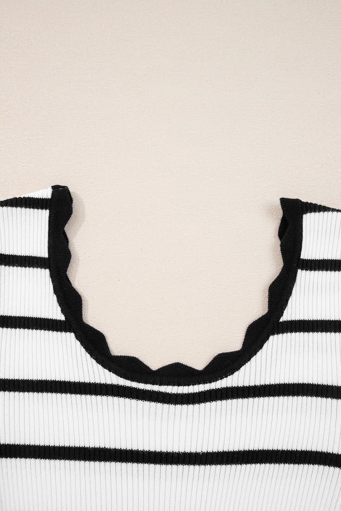 Black white Scalloped Trim U Neck Striped Ribbed Slim Sweater 🇺🇸