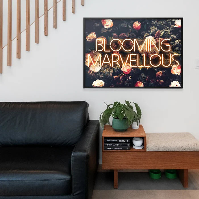 Blooming Mavellous Neon Print, floral art print framed above a living room sofa