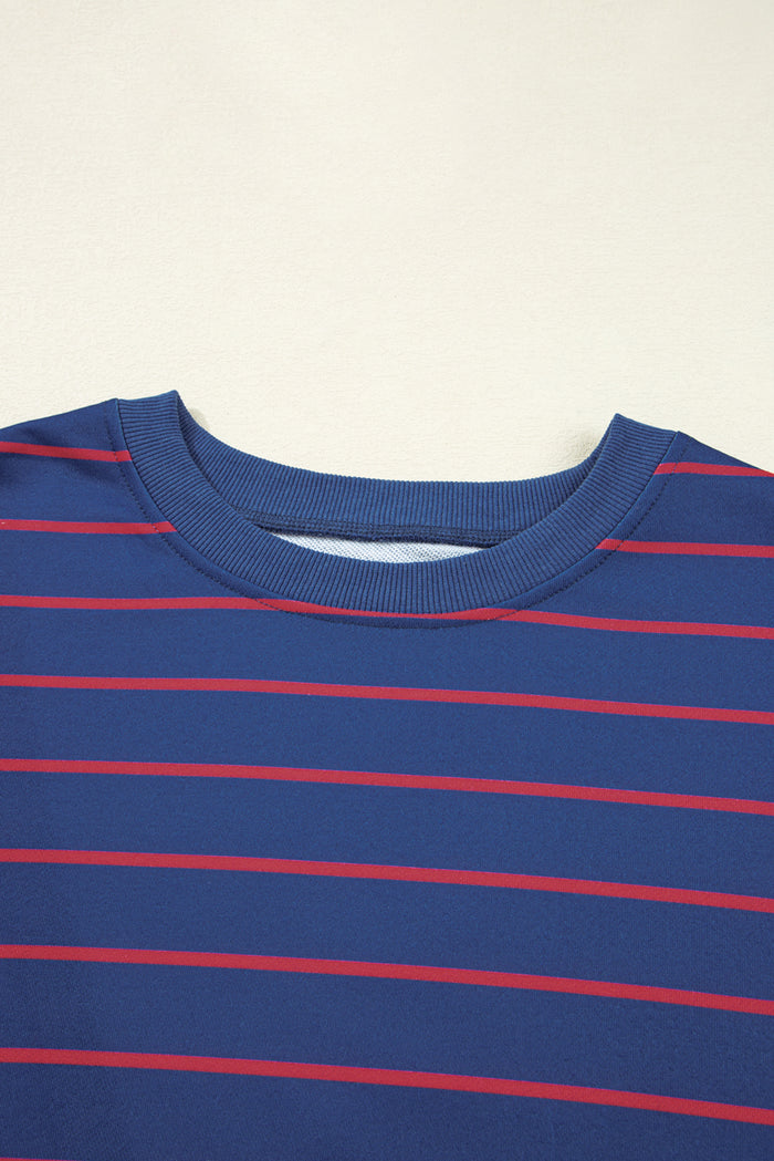 Blue Stripe Stylish Overlap Detail Drop Shoulder Pullover Sweatshirt 🇺🇸