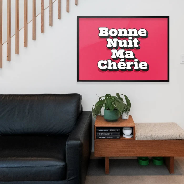 Bonne Nuit Ma Cherie Typography Quote Print framed above a living room sofa