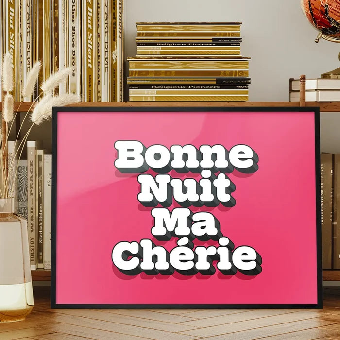 Bonne Nuit Ma Cherie Typography Quote Print framed on a living room bookshelf