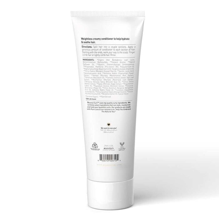 Bounce Curl Super Smooth Cream Conditioner with organic aloe vera, vegan, silicone-free, paraben-free, sulfate-free, and color-safe formula for soft, hydrated curls.