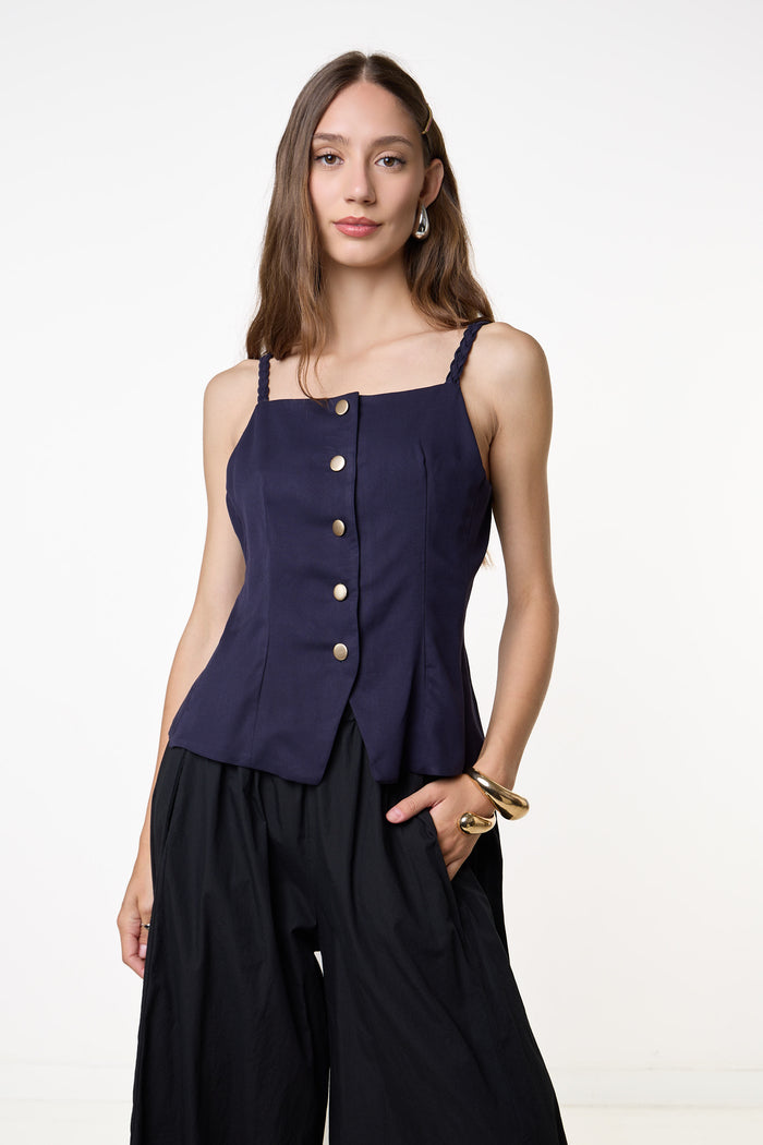 Braided strap button front top wholesale