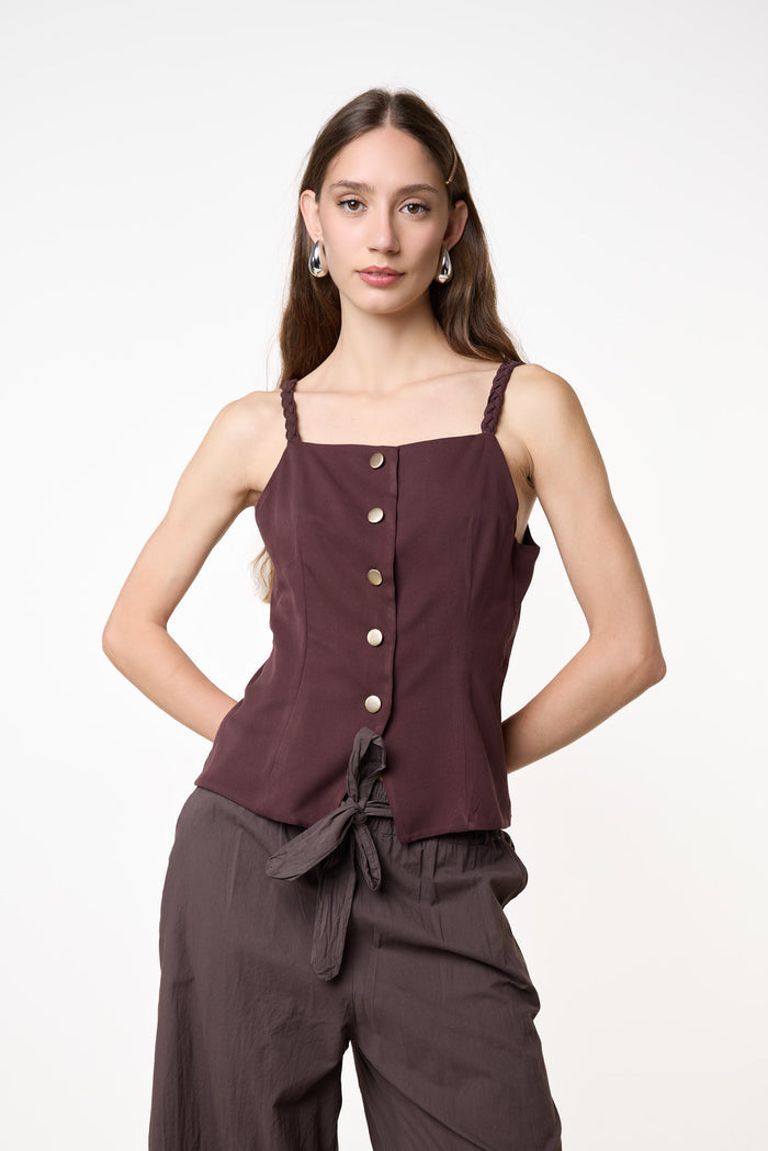 Braided strap button front top wholesale