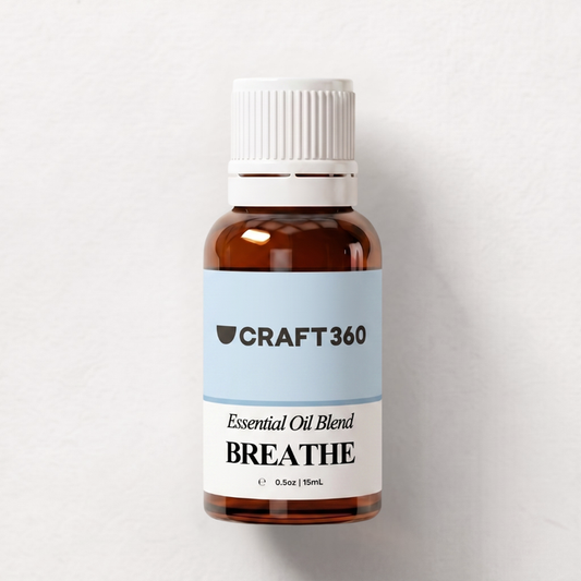 Bottle of 'Breathe' essential oil blend by Craft360 on a white background