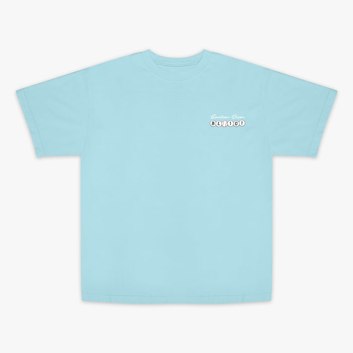Light blue t-shirt with a logo on a white background