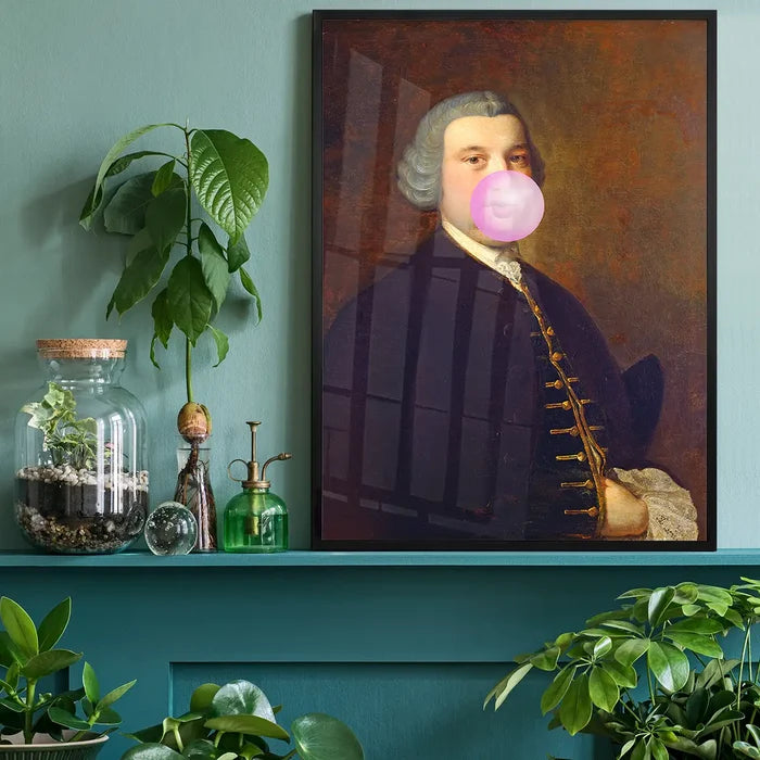 Bubblegum Gent Print, quirky altered art print black framed on a living room shelf