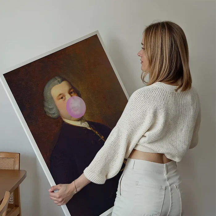 Bubblegum Gent Print held up against a living room wall