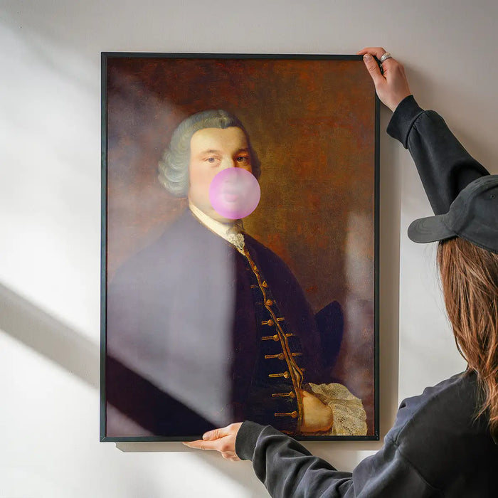 Bubblegum Gent Print being hung on a wall in a black frame