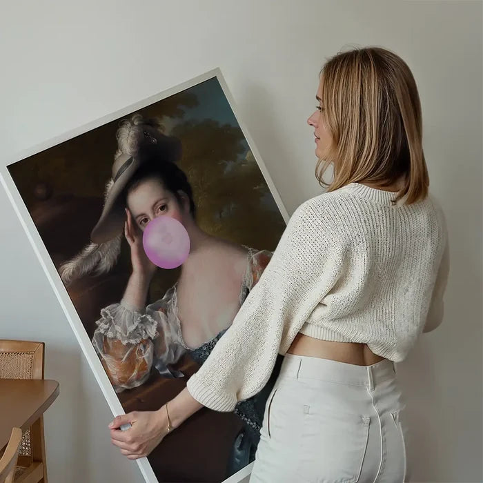 Bubblegum Lady Portrait Print held up against a living room wall