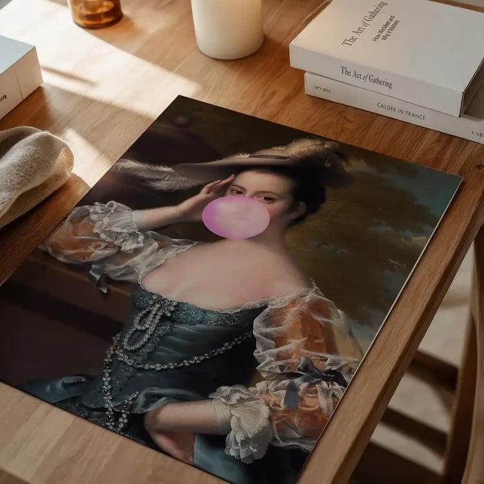 Bubblegum Lady Portrait Print, quirky altered art print unframed on a home office desk