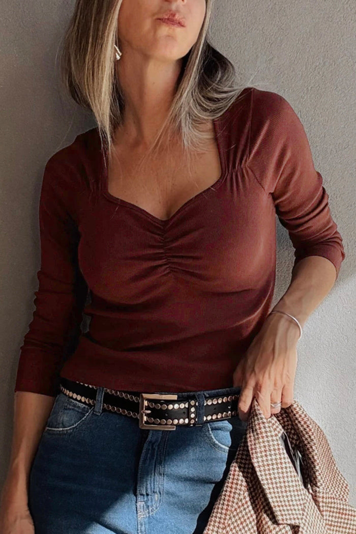 Burgundy Gathered Bust Square Neck Ribbed Fit Long Sleeve Top 🇺🇸