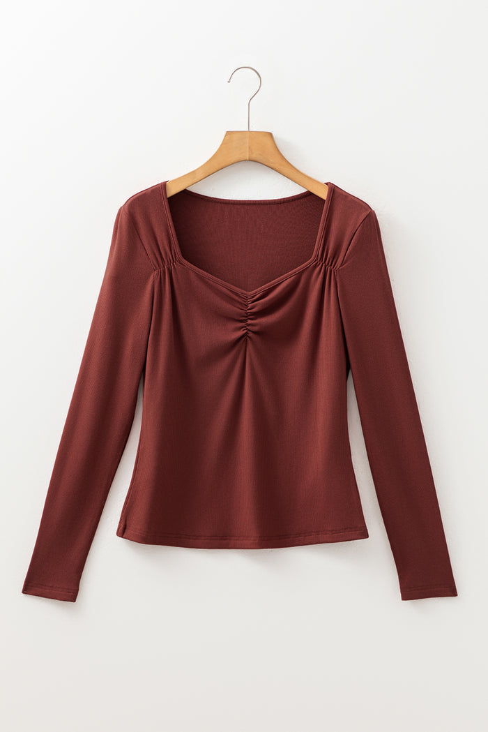 Burgundy Gathered Bust Square Neck Ribbed Fit Long Sleeve Top 🇺🇸