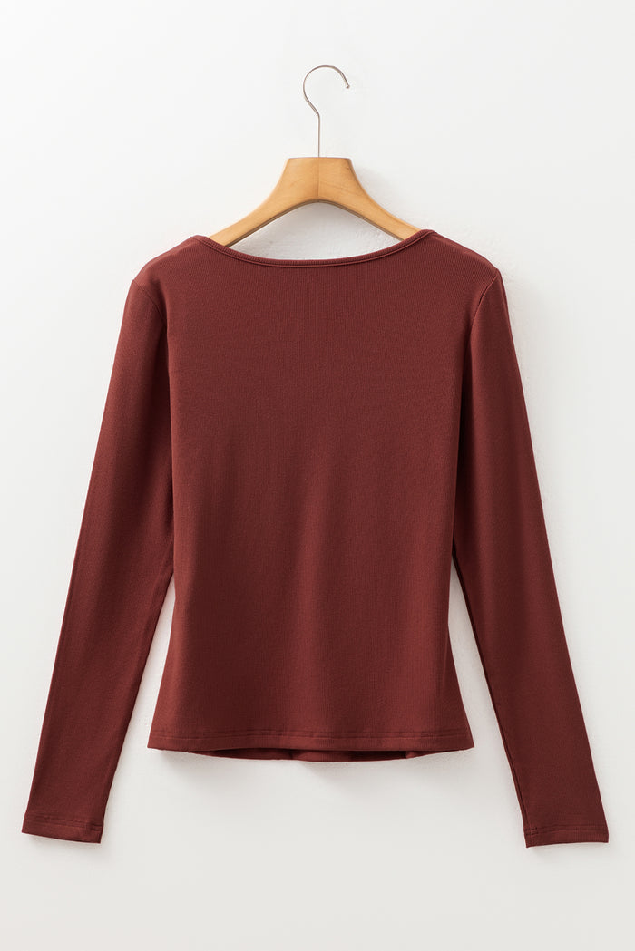 Burgundy Gathered Bust Square Neck Ribbed Fit Long Sleeve Top 🇺🇸