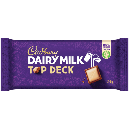 Purple Cadbury Dairy Milk Top Deck 150g chocolate bar wrapper with a white and milk chocolate square.